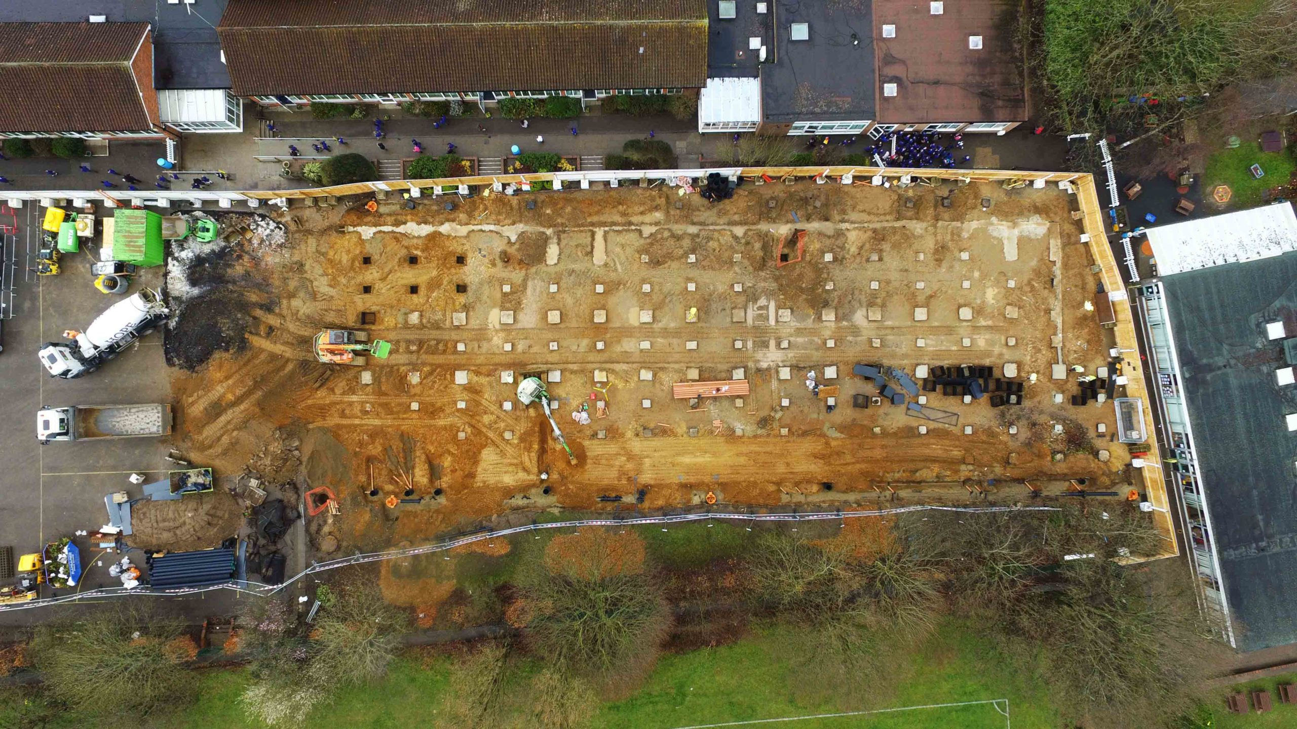 Pyford School Drone View Groundworks Side View