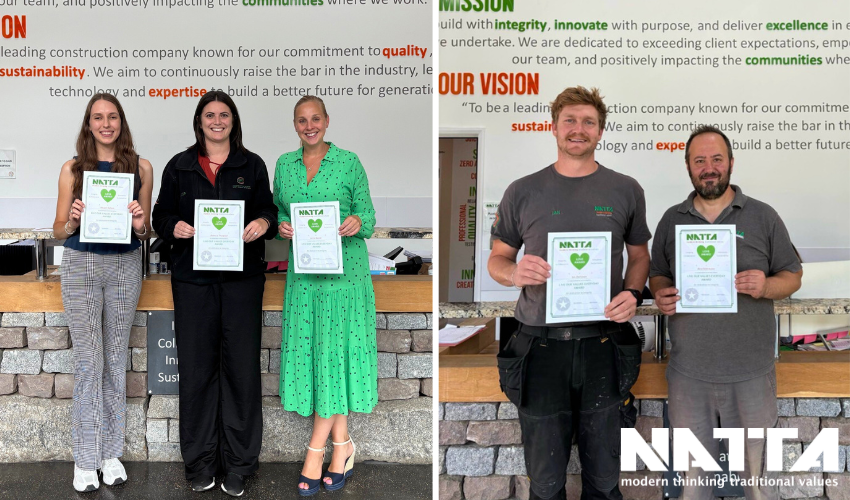 Megan, Rebecca, Jenna, Ian and Bled from Natta Building Company holding their love award certificates that were awarded in July 2025.