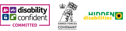 Banner showing three logos: Disability Confident (Committed), Armed Forces Covenant, and Hidden Disabilities sunflower, signaling inclusive support for disabled people and veterans.