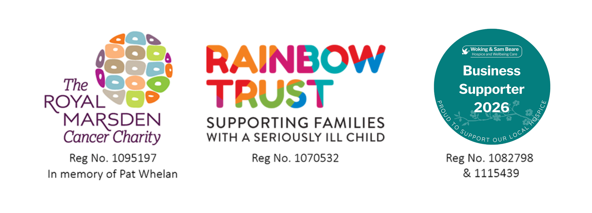 Logos for our nominated charities | Natta Logos of The Royal Marsden Cancer Charity, Rainbow Trust Children's Charity, and Woking & Sam Beare Hospice showing charitable support and business sponsorship with registration numbers.